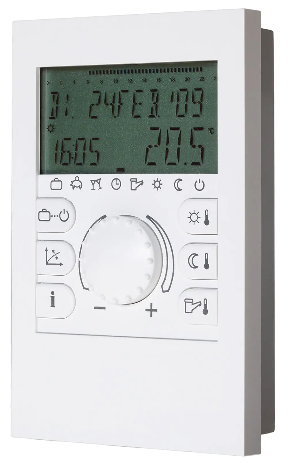 Weißes Thermostat von Daikin mit LCD-Anzeige, Drehregler und verschiedenen Steuerelementen für Temperatur- und Zeitfunktionen.